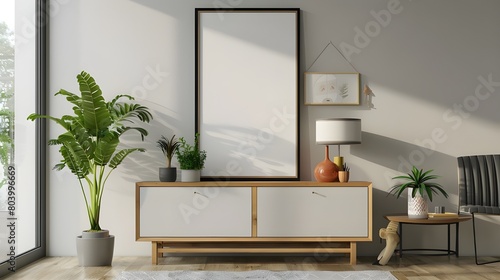 Interior of modern living room with wooden sideboard over white wall. Contemporary room with dresser. Marble flooring. Home design with pendant lights and mock up poster frame.
