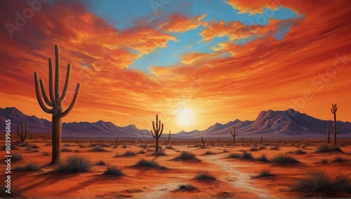 A surreal desert landscape with a bright, fiery sky in acrylic painting style.