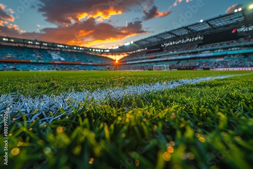 A majestic sunset sky with deep oranges & blues casting light over an empty football stadium, focusing on the grass