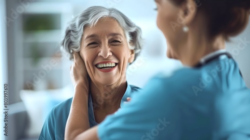 Elderly Woman Happy During Medical Checkup with Nurse. Healthcare, Senior Care and Well-being Concept. Authentic, Emotional Moment Captured. AI