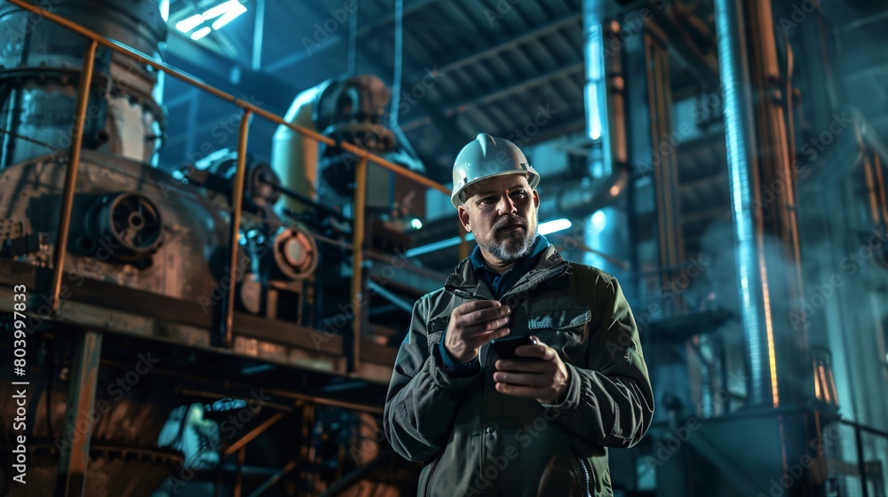 A portrait of an industrial man engineer with smartphone in a factory, working. A portrait of an industrial man engineer with smartphone in a factory, working.