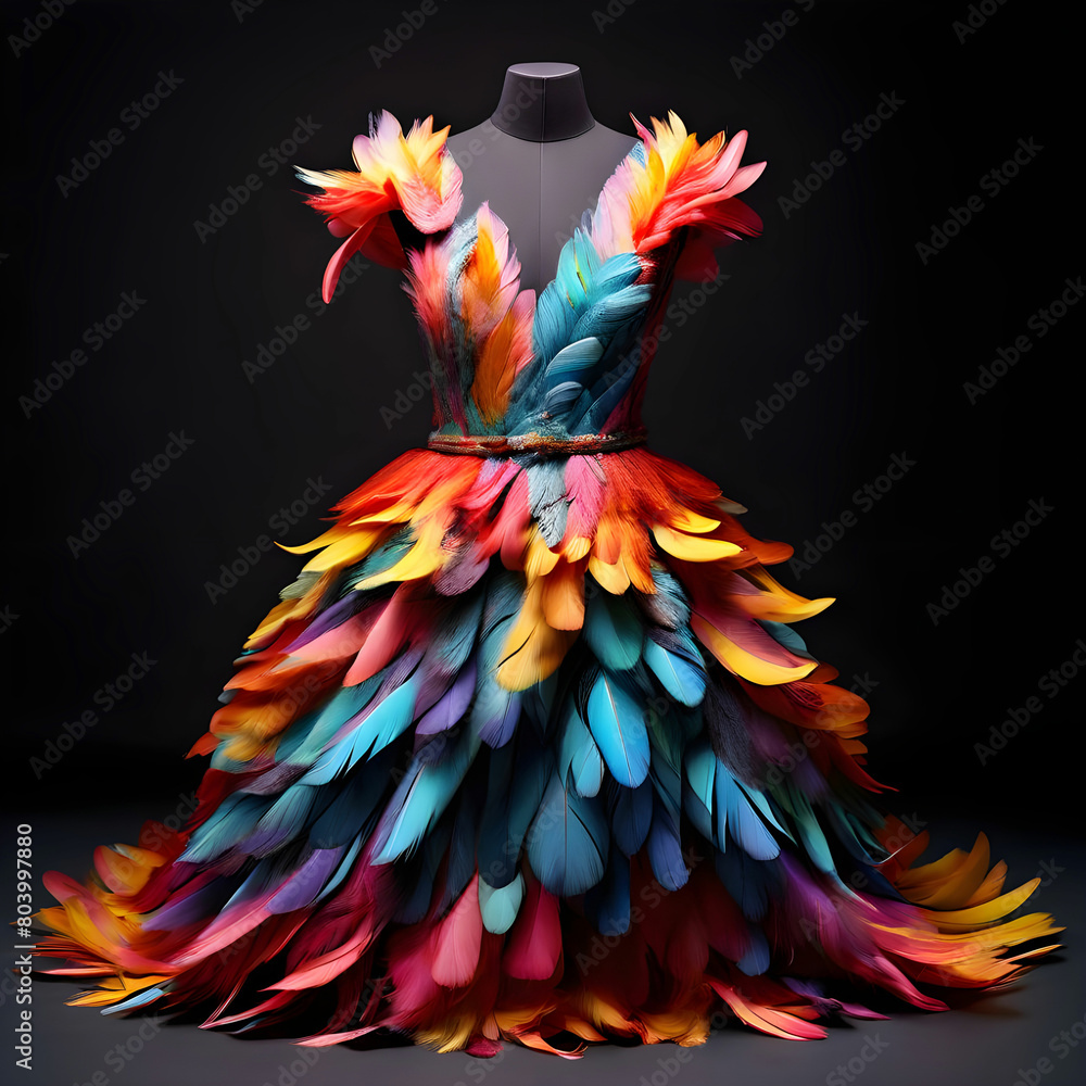 A dress made with birds colorful feather A dress made with birds colorful feather