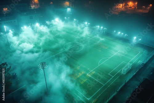 A mysterious atmosphere envelops a soccer field, shrouded in mist under the glow of bright stadium lights photo