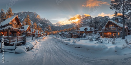 Stunning 360-degree fisheye view of a tranquil mountain lodge at sunrise, featuring snow-capped chalets and a majestic alpine scenery