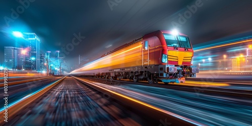 Dynamic long exposure captures a high-speed freight train illuminating the tracks in a vibrant, futuristic urban environment at night