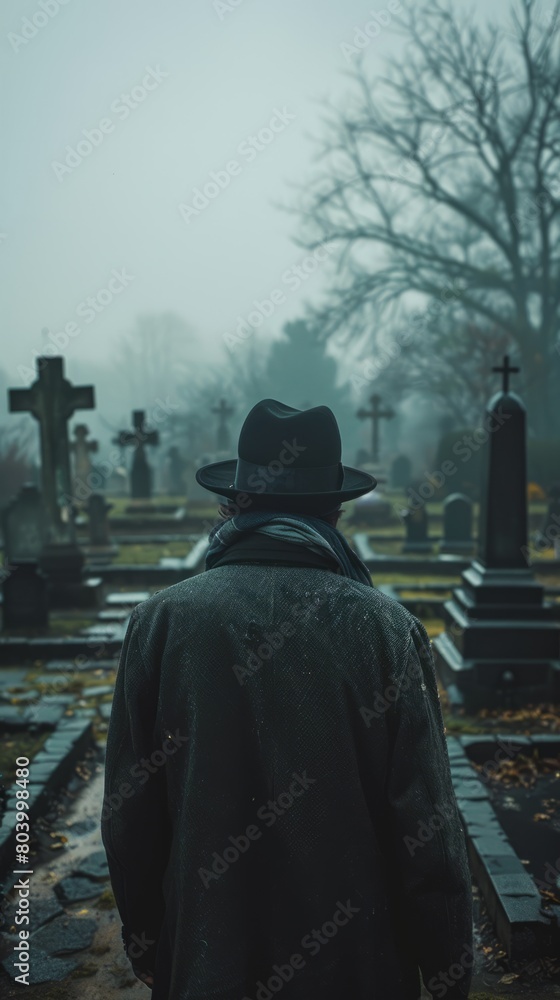 Back view of unrecognizable man in warm clothes and hat walking in cemetery in a foggy day.
