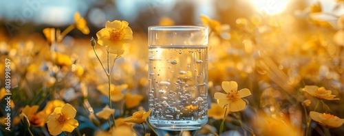Glass with transparent liquid and beautiful yellow field flowers