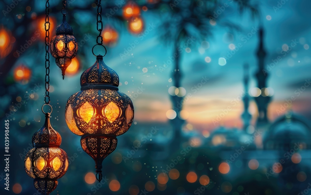Ethereal lanterns cast a warm glow on a serene evening in the city Ethereal lanterns cast a warm glow on a serene evening in the city