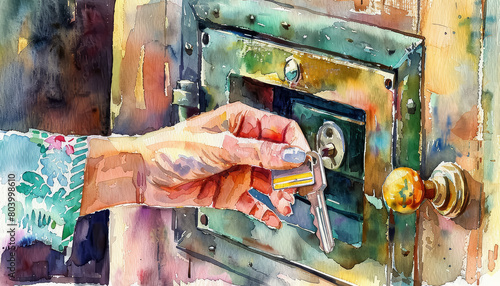 A hand is holding a key in front of a lock
