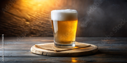 Glass of beer on coaster, perfect for craft beer ads.  Chilled craft beer in glass on craft coaster, ideal for brewery marketing. Beer glass atop coaster, a casual unwind moment.