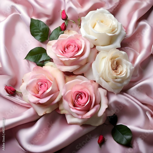 silk and roses with,a bouquet sweet pink roses petal on soft pink silk fabric,generate ai 