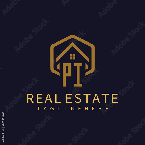 PI initial monogram logo for real estate with home shape creative design.