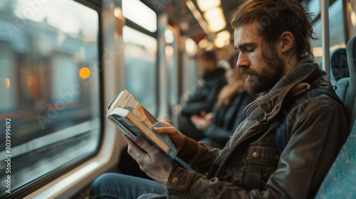 European commuters read books, listen to music photo