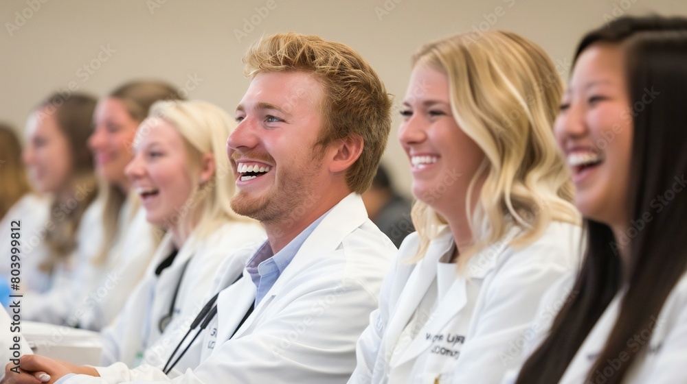 Healthcare workers actively engaging with female and male doctors during a conference session focused on evidence-based medicine. Healthcare workers actively engaging with female and male doctors during a conference session focused on evidence-based medicine.