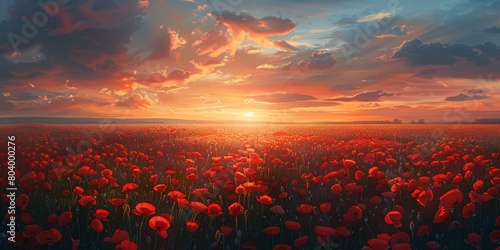 Breathtaking landscape of a poppy field at sunset with the sun dipping low on the horizon, casting a warm glow over the vibrant red flowers
