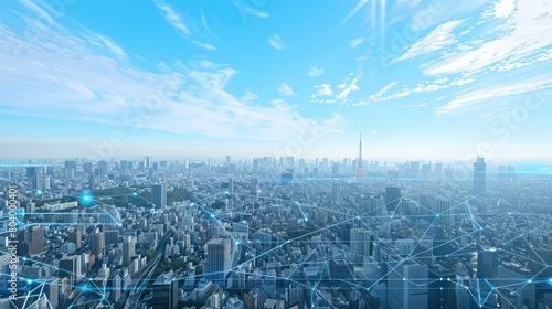 Futuristic city skyline with digital network overlay symbolizing connectivity