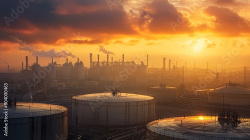 Serene dawn breaking over a petrochemical tank farm, golden light bathing cylindrical tanks, a symbol of industrial might
