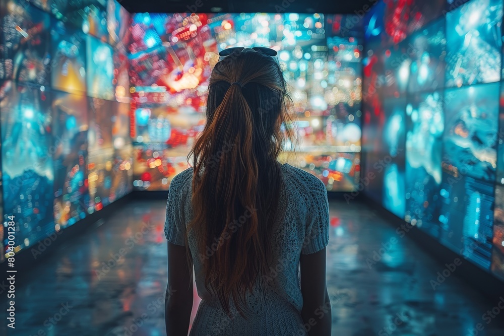 A woman stands captivated in a vibrant corridor of countless glowing screens in a surreal setting
A woman stands captivated in a vibrant corridor of countless glowing screens in a surreal setting