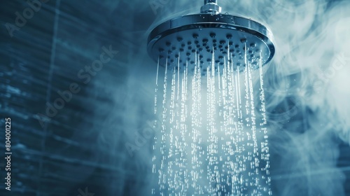 A close-up of a shower head releasing a refreshing stream of water, with steam rising