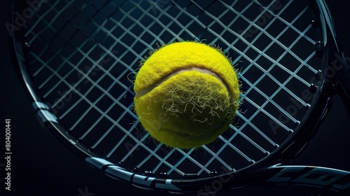 Precision shot from above, yellow tennis ball meeting racket strings, high contrast isolated backdrop, studio lighting detailed capture © Paul