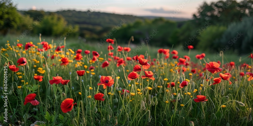 Fototapeta premium Close-up of red poppies growing in a field in summer,