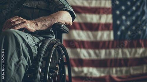 Patriotic American Army veteran, reflecting on his service, wheelchair-bound with a bold American flag waving in the close-up background photo