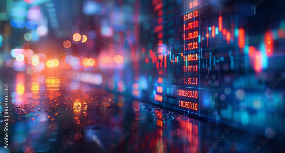 Vibrant close-up image of a stock market graph display indicating a financial downturn with illuminated digital numbers and downward trends Vibrant close-up image of a stock market graph display indicating a financial downturn with illuminated digital numbers and downward trends