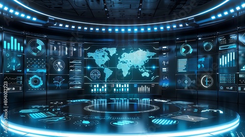 Fototapeta Naklejka Na Ścianę i Meble -  a high-tech control room with a futuristic dashboard display showing a variety of interactive graphs, world maps, and data analytics.