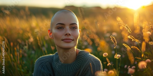 eautiful young bald contemplative woman in the meadow with fresh green grass photo