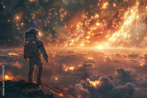 A breathtaking view of an astronaut standing before a celestial inferno on a rocky extraterrestrial surface