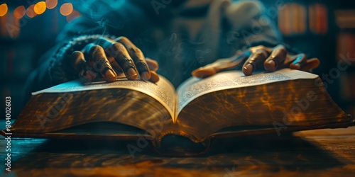 close-up of a black anonymous person hands gently turning the pages of an open book on table with a warm light overhead photo