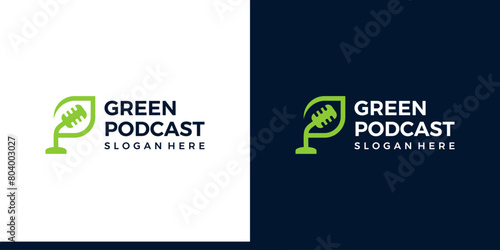 Green podcast logo design. Nature Leaf logo with microphone design graphic symbol icon vector.