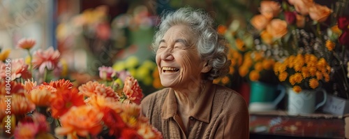Mature old woman laughing hysterically after receiving a gift of flowers photo
