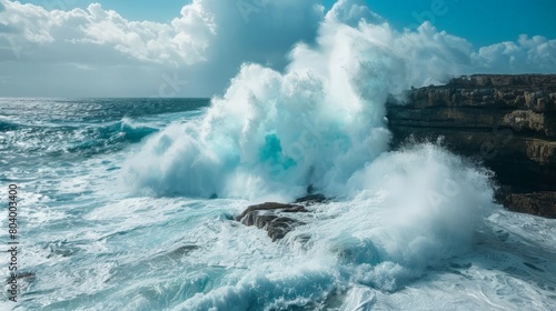 The dramatic effect of the powerful sea crashing against the rocks 