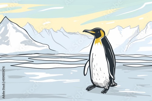 Cartoon cute doodles of a solitary penguin waddling sadly across a vast, icy landscape, Generative AI  photo