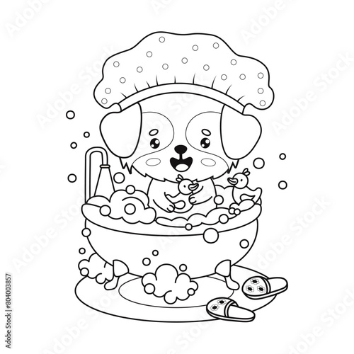 Cute dog wearing shower cap bathes in bath with foam and rubber duck toys. Outline cartoon animal character. Line drawing, coloring book. Vector illustration. Kids collection
