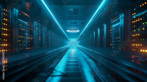 a high-tech server room  with blue ambient lighting  showcasing rows of server racks with blinking LED lights