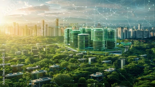 Lush green cityscape merging with high-tech infrastructure, IoT and DX innovations visible amidst a digital network, smart homes rising near ruins