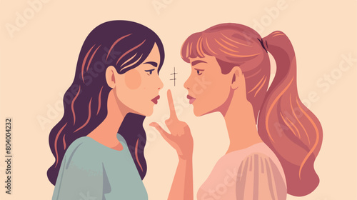 Young woman telling sister her secret on light background