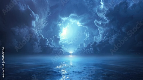 Moonlight pierces through a majestic cloud portal illuminating the tranquil sea photo