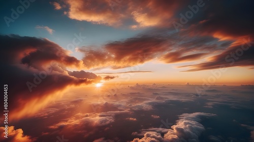 Gorgeous sky at sunset with dramatic light above clouds. View from the airplane cabin