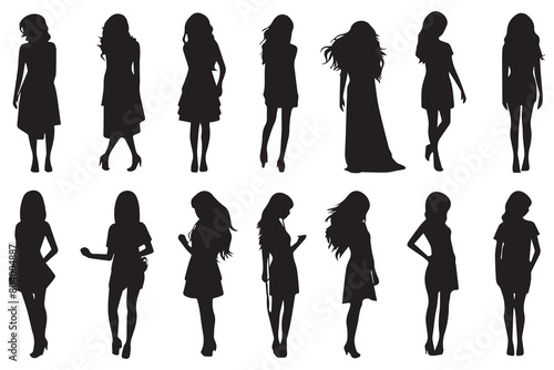 Set of black vector silhouettes of girls isolated on white background