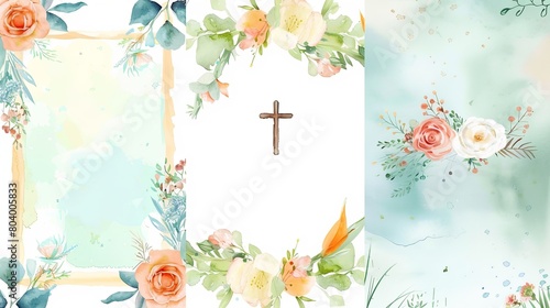 A set of cute watercolor templates for Baptism invitations. Vintage rose lace frame with holy cross. Girl christening ceremony. photo