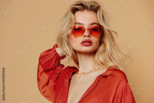 A woman wearing a red shirt and red sunglasses, suitable for fashion or lifestyle concepts