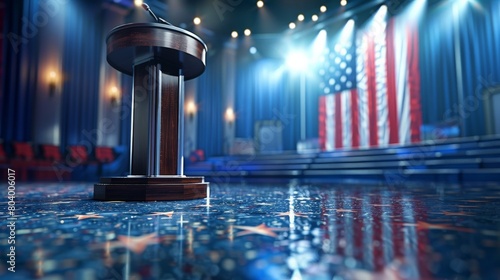 A presidential podium and American flag. election meeting photo