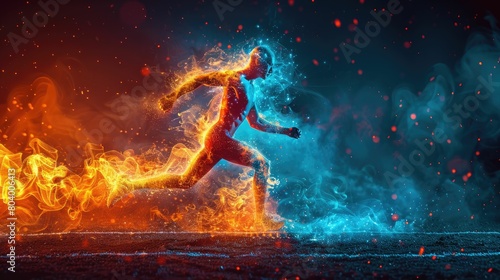 Runner ablaze with fiery determination sprinting against a cool neon night