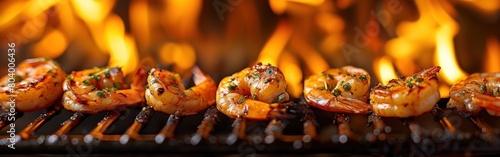 A close-up view of shrimp cooking on a grill, with flames licking the seafood as it cooks