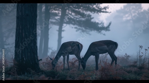 Serene Deer Pair in Misty Forest at Dawn