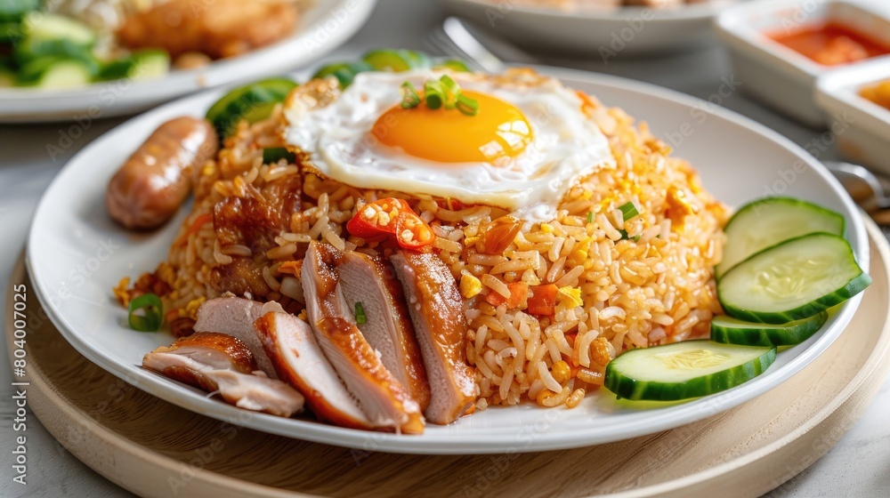 fried rice with fried egg on white plate, delicious indonesian food fried rice with fried egg on white plate, delicious indonesian food