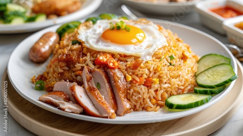 fried rice with fried egg on white plate, delicious indonesian food 